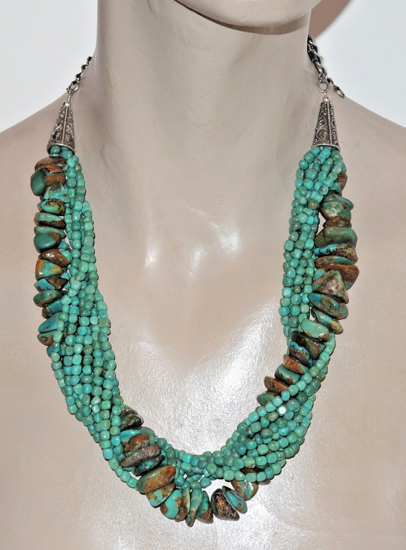 Vintage 18-25" 8-Strand Torsade Chunky Turquoise & Sterling Necklace 232.8 Grams