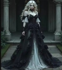 Black White Gothic Wedding Dresses Off The Shoulder Layered Ruffles Bridal Gowns