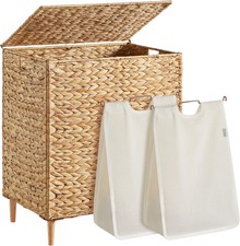 SONGMICS 130L Wicker Laundry Hamper w/ Lid 2 Section Water Hyacinth