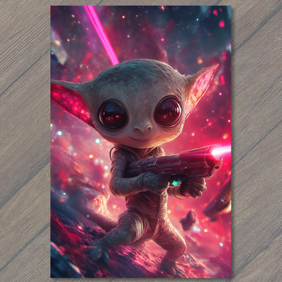 Art Print Alien Blaster Big Eyes Pink Space Suit Laser Beam Explosion Cute Warri