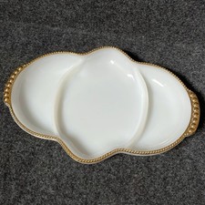 Vintage Anchor Hocking Fire King White Milk Glass 3-Section Divided Relish Dish with Gold Beaded Trim (Pair) — listing 6