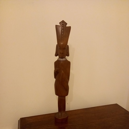 Vintage Wood Carved African Tribal Statue Figure Warrior Metal Neck