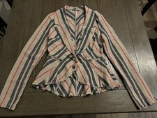 Free People LINEN BLAZER/JACKET Red Tan  Blue STRIPES Sz 6 POCKETS Raw Hem
