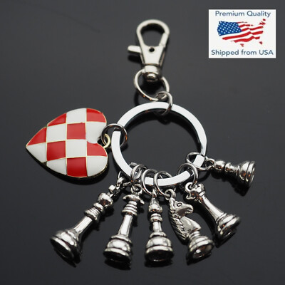 Chess Pieces King Queen Rook Knight Bishop Pawn Keychain Red White Heart Board