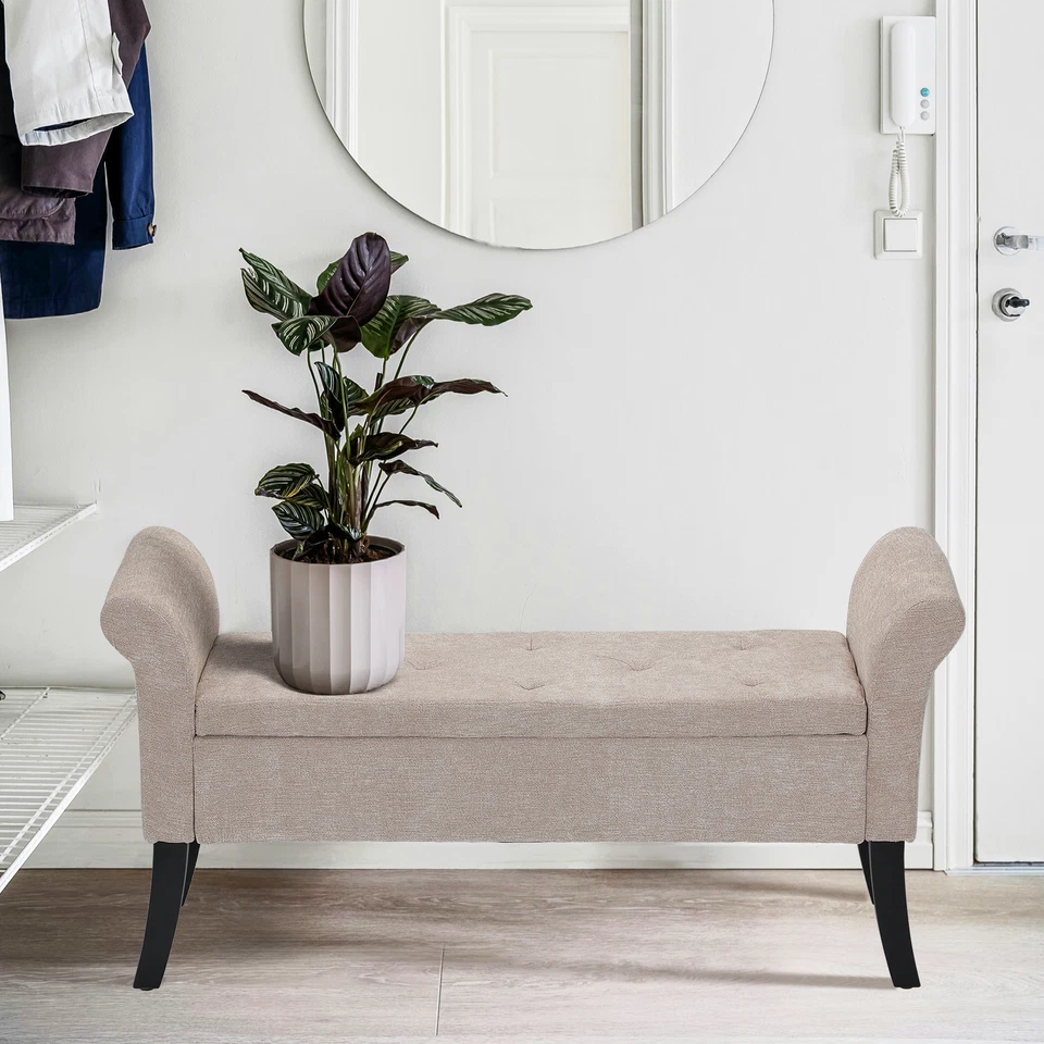 Banco de Almacenamiento Rectangular Sala Dormitorio Beige 25" Elevador Superior Reposapiés con Brazos Foto 4 de 4