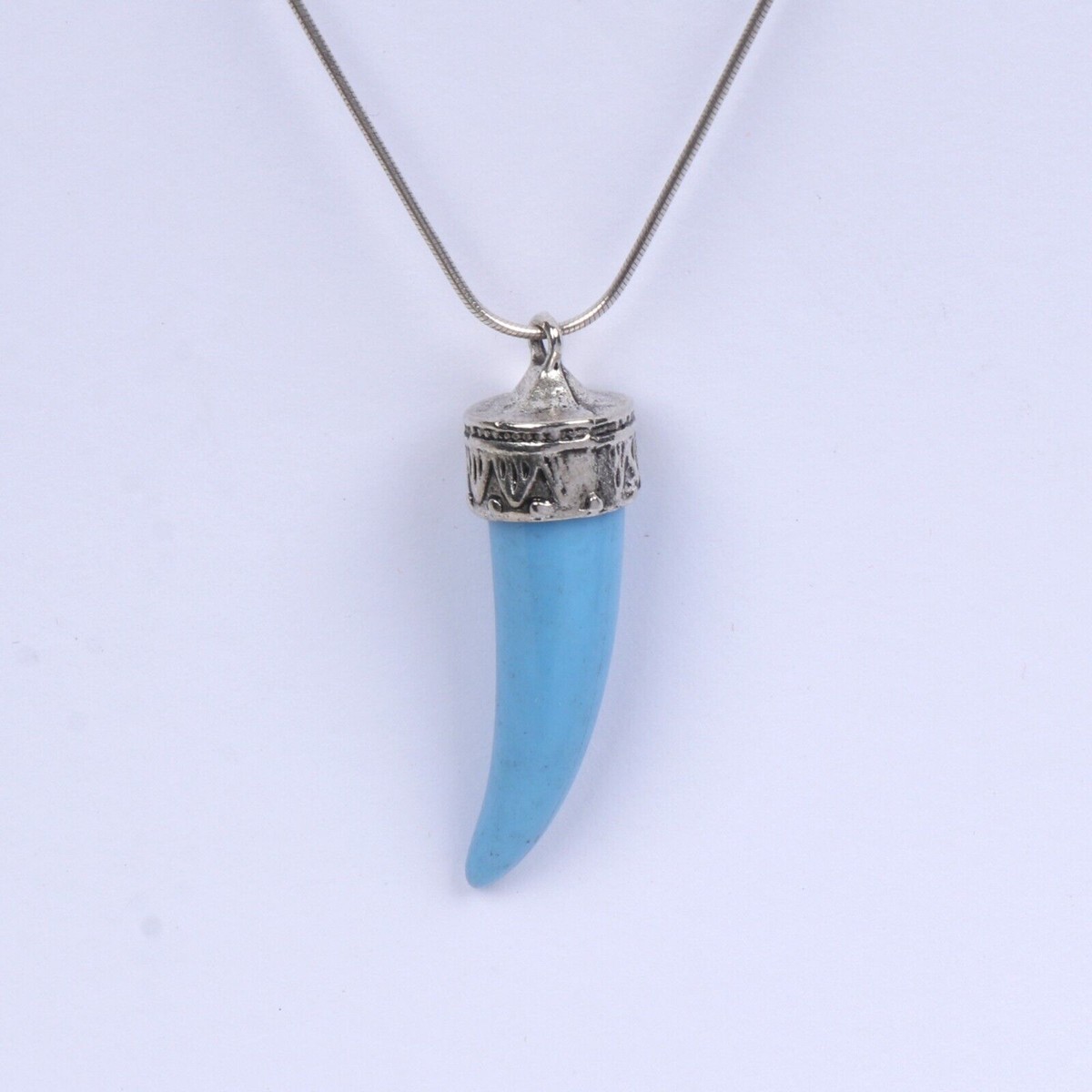 Blue Turquoise Oxidized Tooth Pendant Silver Necklace with