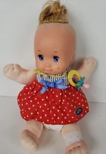 1989 Mattel Magic Nursery Baby Doll Red Dress Blue Eyes Blonde Newborn Vintage