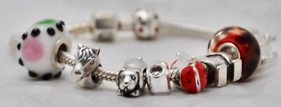 Chamilia Sterling Silver Charm Bracelet w/11 Various Plus Pandora