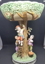 Vintage Norleans Bisque Porcelain Children Apple Tree Compote Pedestal Bowl Dish