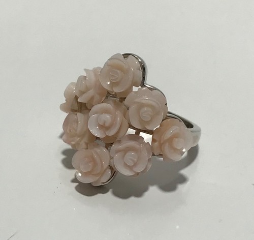 8MM PINK SOUTH SEA MOTHER OF PEARL FLORAL RHODIUM OVER STERLING SILVER RING/7.25 - Picture 8 of 13