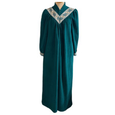 Vintage Vanity Fair Emerald Green Embroidered Fleece House Coat Maxi Robe Small