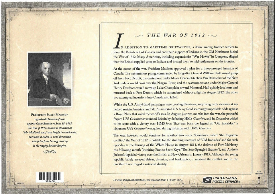 Scott 4703a, IMPERFORATE (No Die-Cut) War of 1812 Pane, MNH - Image 2 of 2