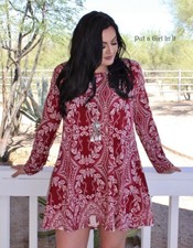 New PLUS SIZE Womens BURGUNDY DAMASK LOOSE FIT POCKET ELBOW DRESS TUNIC 1X 2X