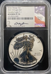 2021-W T1 Silver Eagle Reverse PR70 Black Core David Ryder Signed REV PF70 NGC (
