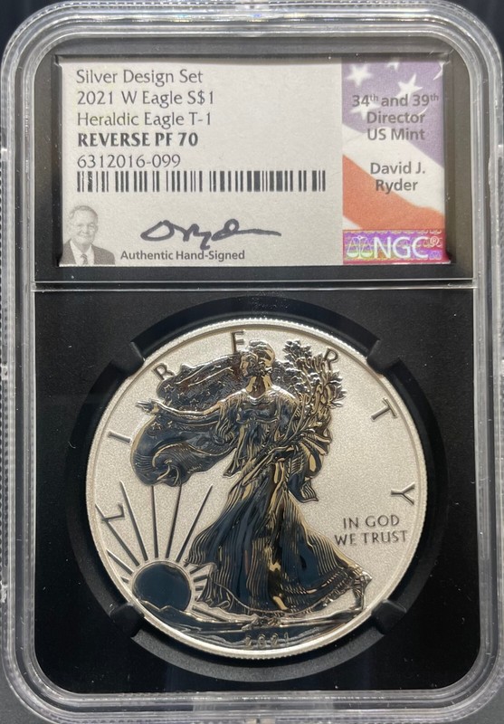 2021-W T1 Silver Eagle Reverse PR70 Black Core David Ryder Signed REV PF70 NGC (