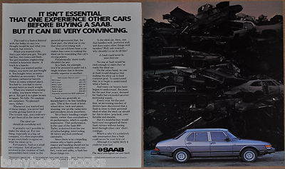 1985 SAAB 900 2-page advertisement, SAAB sedan in automobile junkyard
