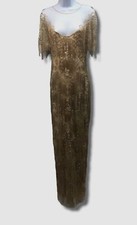 5990 Pamella Roland Women's Beige Beaded Sequined Short-Sleeve Gown Dress Sz 8