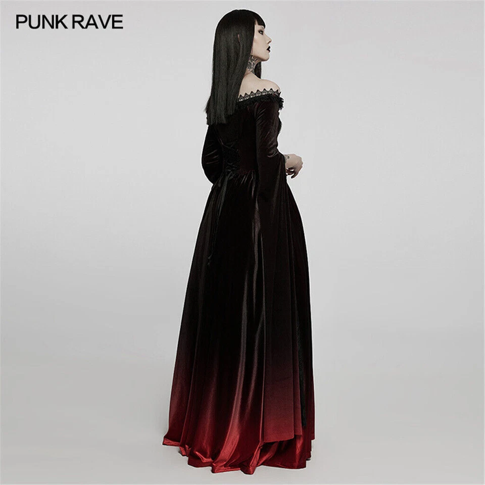 PUNK RAVE Gothic Women Gradient Color Gown Sexy Off Shoulder Lace Long Dresses - Image 4 of 4