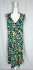Vintage Womens Dress Medium Green Floral Watercolor Collared Half Button 80s 90s