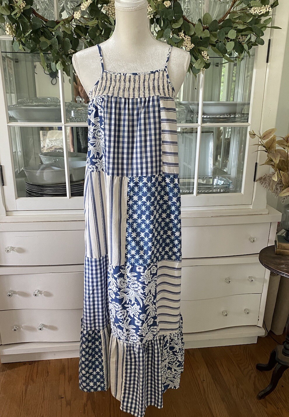 Universal Thread Blue White Patchwork Maxi Boho P… - image 1