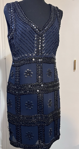 Women's Black Sz 12 100% Silk Heavily Beaded Evening Shift Dress - Picture 8 of 10