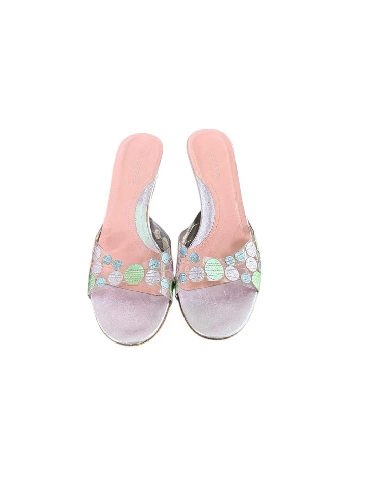 Via Spiga Pastel Púrpura Metálico Gatito Tacón Transparente Mules Talla 8 Foto 2 de 4