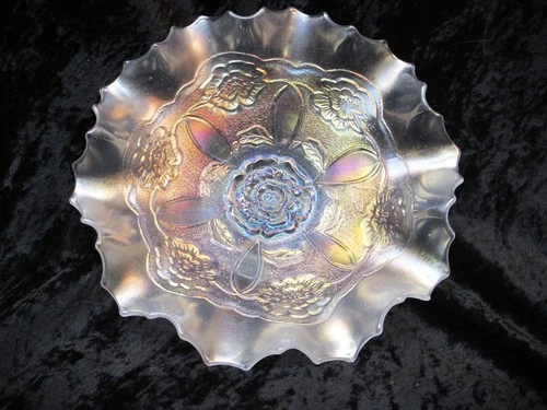Antique Dugan White Carnival Glass 9" Double Stem Rose Footed Bowl ca 1912-1927
