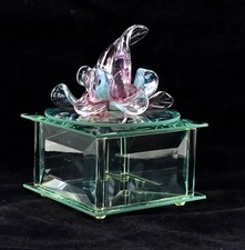 Vintage Glass Trinket Box Beveled Lid Controlled Bubble Flower Jewelry Box