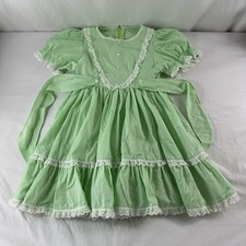Vintage Circle Frilly Party Twirl Dress Green White Polka Dot Lace Girls Size 8 