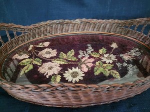 Victorian Wicker Hand Beaded Oval Tray Under Glass 