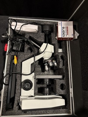 Laboratory Microscope With Slides, Screen, Charger, And Case
