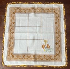 Vintage Portugal cotton square fabric table topper small cloth 28" Crochet Brown