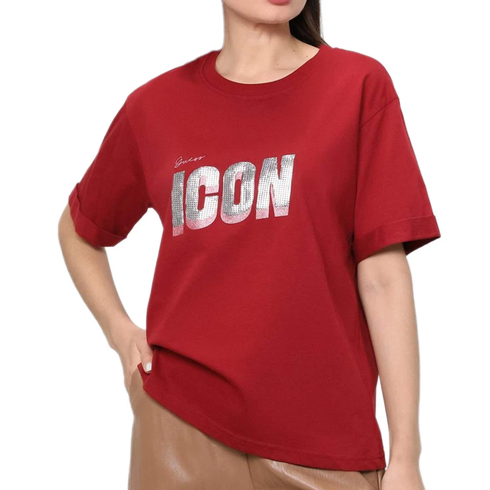 T-shirt Guess Iconic pour femmes bordeaux lâche S - Photo 1/1