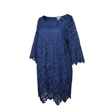 Ellos Womens Navy Blue Floral Lace Shift Dress V-Back 3/4 Bell Sleeve Size 16