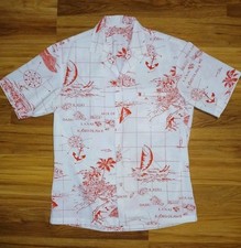 Vintage 70s Hawaiian Islands Maps Red White Cotton Aloha Shirt S Tiki O EUC