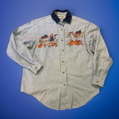 VTG Casey & Max Embroidered Autumn Pumpkins Fall Button Up Shirt-Pin Stripe sz M