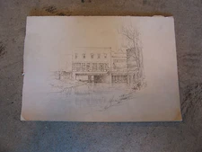 Likely Vintage Unsigned Pencil Sketch Drawing of Landscape Building Facade
