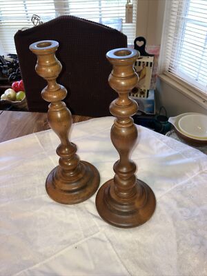 Pair Of Vintage Solid Wood Hand Turned Candle Sticks