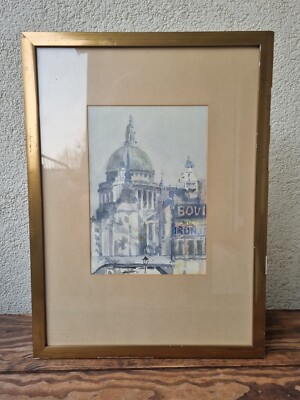Vintage Signed St Paul's Cathedral, Original Watercolour  Street London,  1947s
