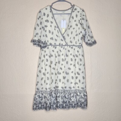 Max Studio Dress Women Large Ivory Floral Surplice Neck Short Sleeve Flounce Hem