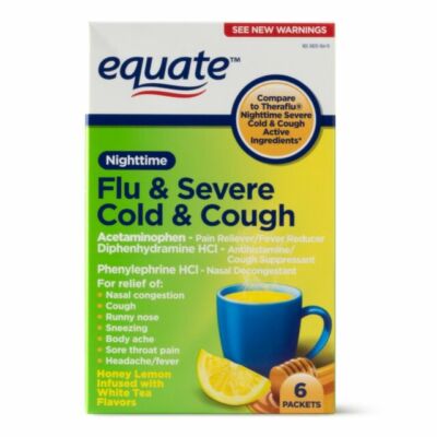 Equate Nighttime Flu & Severe Cold+Cough Acetaminophen Drink Mix 6 Ct Exp:01/26