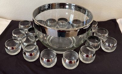 Vintage Dorothy Thrope Roly Poly Silver Rimmed Punch Bowl and Glasses 18 Cups