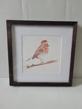 Robin Bird Watercolor Wall Art Santa Hat Winter Framed 12x12 Rustic Nature