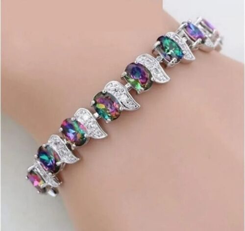 Bracciale Tennis Mistico Arcobaleno Topazio Rotondo Argento Sterling Gioielli Maglia Catena - Foto 1 di 5