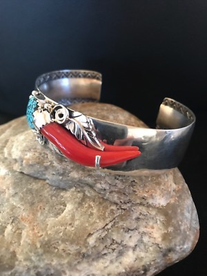 Spider Web Turquoise & Coral Navajo Sterling Silver Bracelet 11716