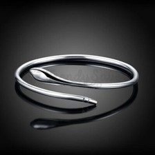 Simple Round Snake Shaped Plain Open Bangle Cuff Bracelet 925 Sterling Silver UK