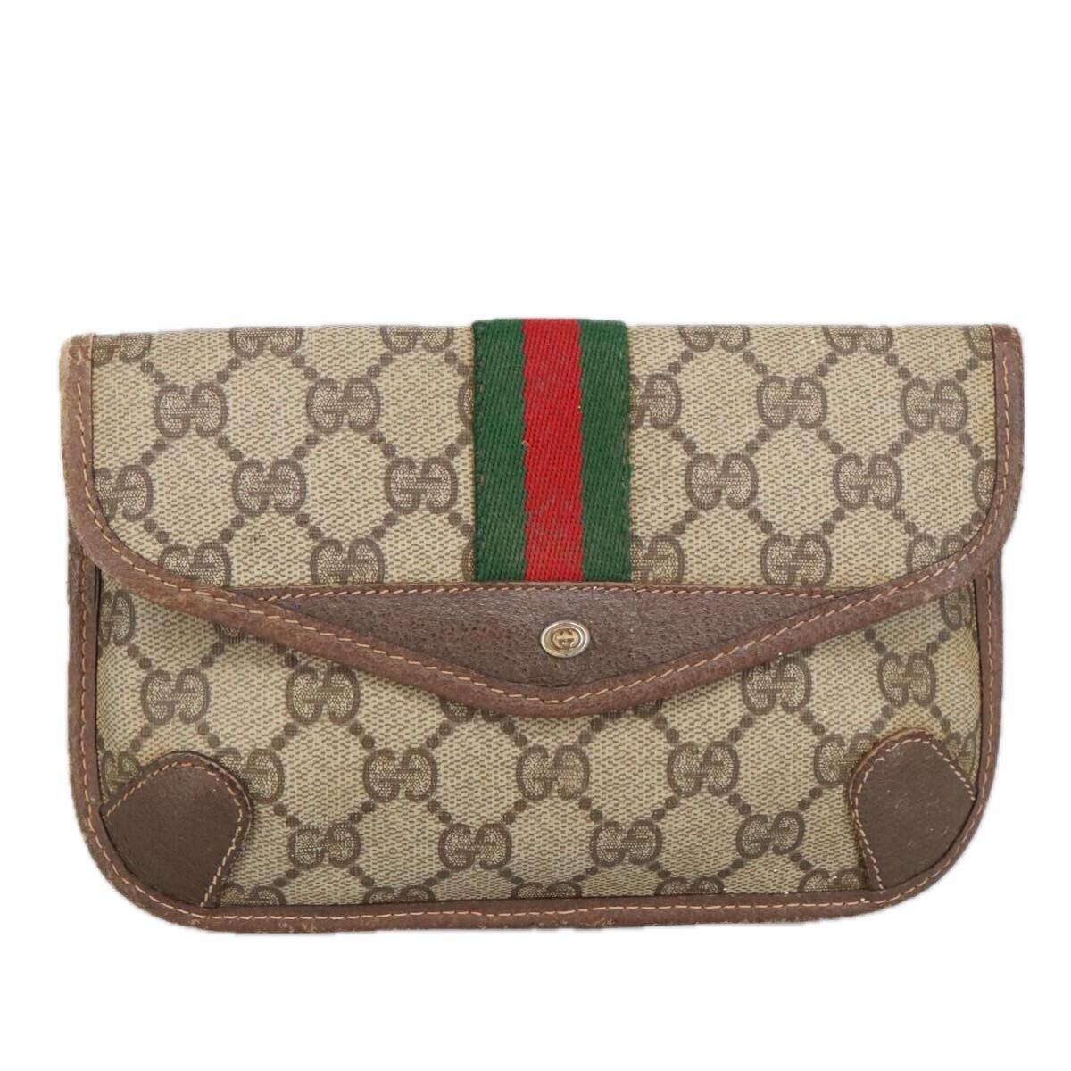 GUCCI GG Supreme Web Sherry Line Pouch PVC Beige Red Green GUCCI GG Supreme Web Sherry Line Pouch PVC Beige Red Green