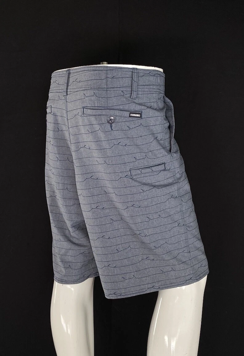 FISHWORKS Stretch Clipperton Gray Fish Stripe Zip Up Stretch Hybrid Shorts, 36