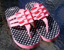 GYMBOREE POLKADOT FLIP FLOPS, Black White 3-Bow Bright Pink Wedge Slides Sz 11