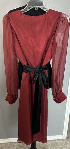 Seraphine Luxe Sz 4 Red Silk Maternity Dress Sheer Sleeve Black Sash Party Midi - Picture 2 of 7